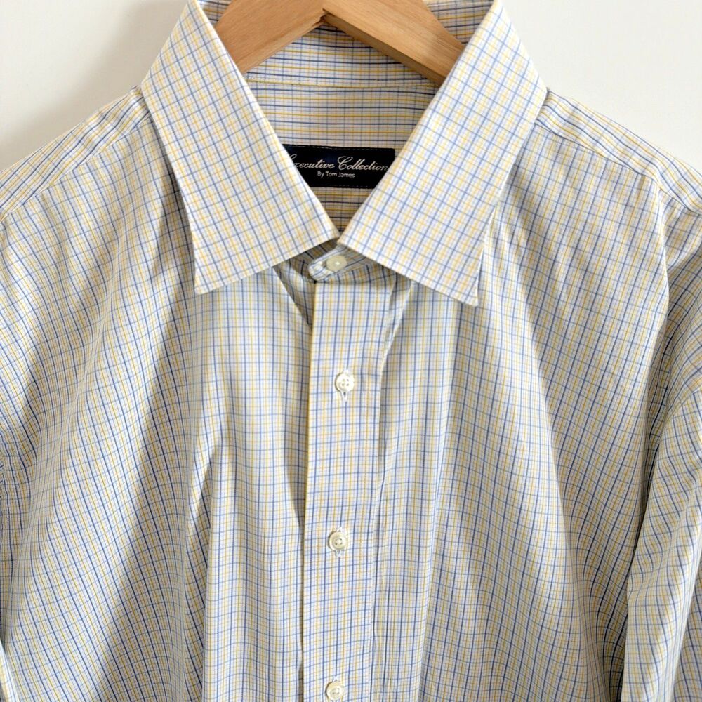 Executive Collection Tom James Dress Shirt Custom 17.5 XL Blue White Plaid USA